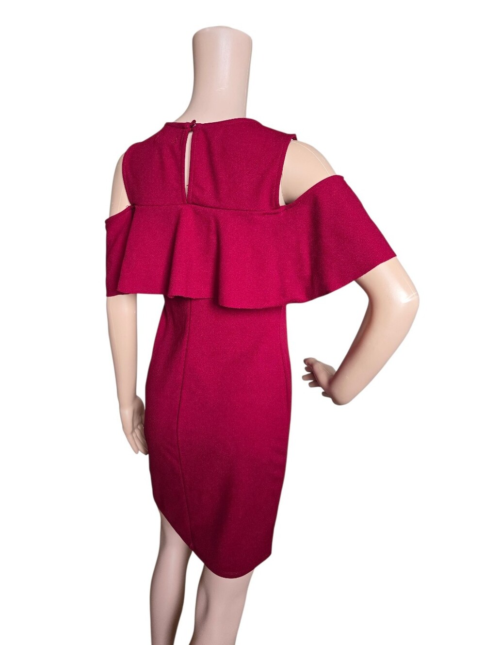 Cold-Shoulder Ruffle Sheath Dress in Deep Red - Picture 7 of 16